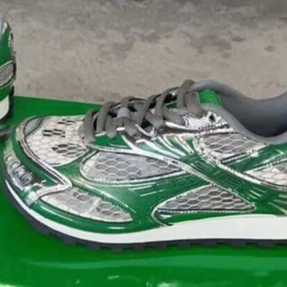 Bottega Veneta Men's Orbit Technical Fishnet Sneakers | Green/Silver | Size 44 - Picture 3 of 4